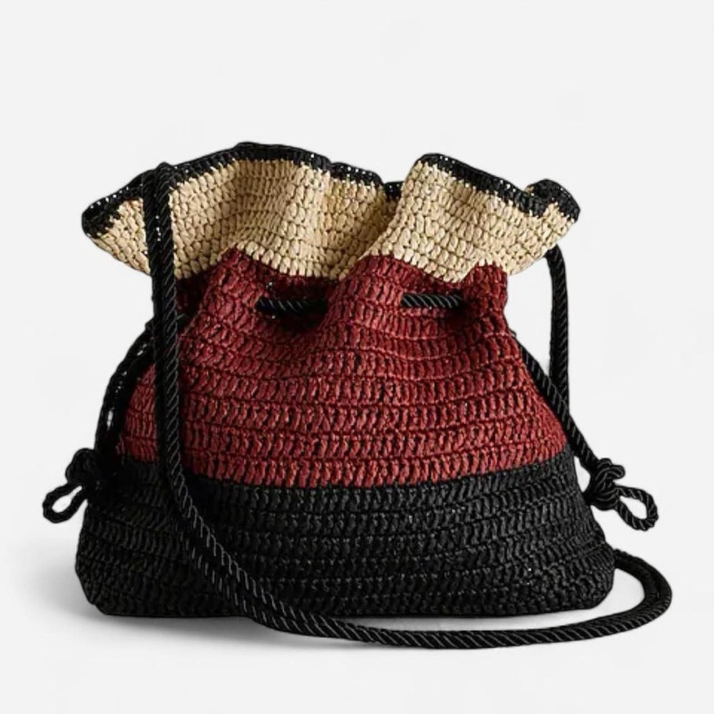 New Express Woven Straw Drawstring Three Toned Crossbody Bag